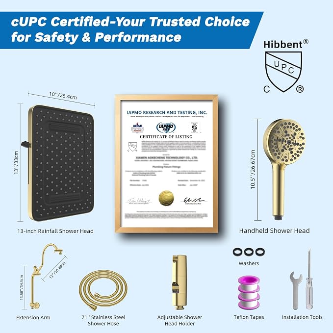 Hibbent cUPC Certified High Pressue 13'' Rainfall Shower Head with 5-Spray | Shower Heads with Handheld 10-Spray Combo, All Metal Easy Reach 4-way Diverter Arm, 71'' Hose & Holder, Brushed Gold