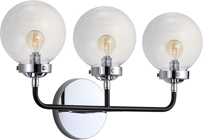 JONATHAN Y 22" Chrome/Black 3-Light LED Wall Sconce Vanity Lighting, Clear Glass Globe Shade Modern Contemporary Sconce for Bathroom Mirror, Hallway, UL Listed (JYL9058A)