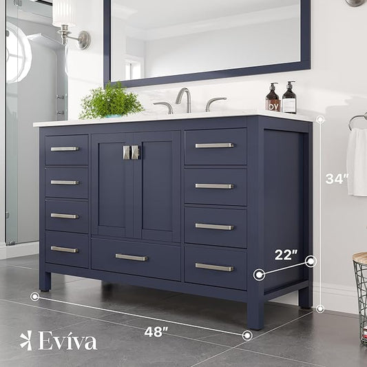 Eviva Aberdeen 48 in. Blue Single Sink Bath Vanity with Carrara Quartz Top and Undermount Porcelain Sink