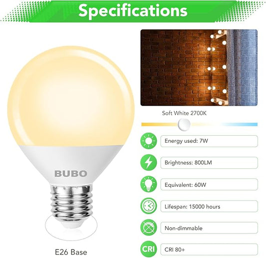 BUBO Vanity Light Bulbs for Bathroom Over Mirror, 60 Watt Equivalent, Soft White 2700K, G25 Globe Light Bulb 800 Lumens, Round Bulb with E26 Medium Base, 7W, Non-Dimmable, 6 Pack