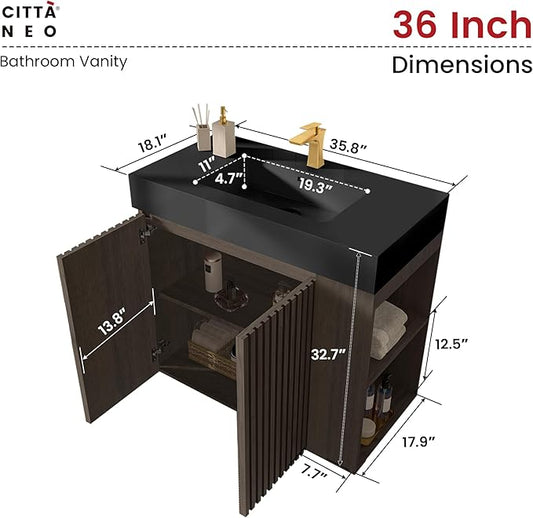 36" Bathroom Vanity with Sink, Freestanding Single Sink Bathroom Vanity with Black Engineered Stone Top & Open Side Storage, Soft-Closing Doors with Adjustable Shelf, Smoked Oak Brown