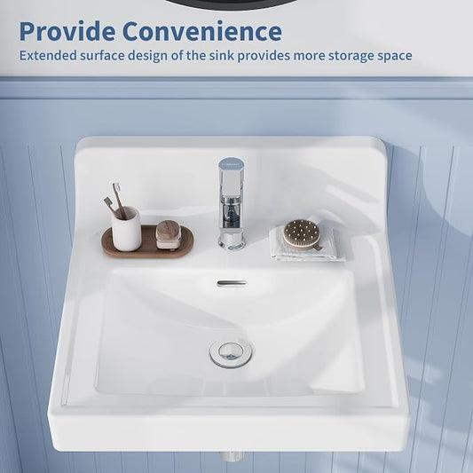 Vessel Sink Bathroom Semi-Recessed Square Basin with Back Splash Guard, Single Faucet Hole, 20×18.98×11.81 inch Ceramic Sink for Family Bathroom, Rental Units, Vanity Upgrade