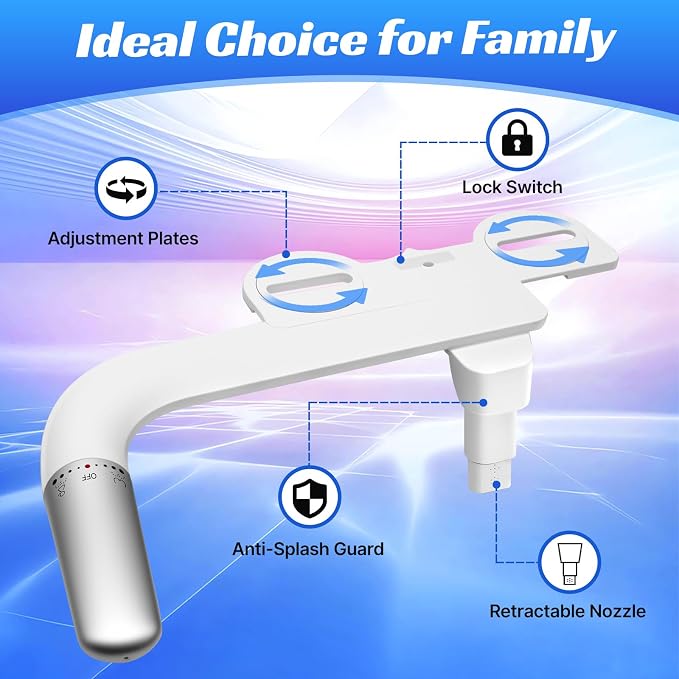 Bidet Attachment for Toilet,Ultra Thin Dual Nozzles,Cold Water Knob Control | One-click detach,0.23" slim ultra thin body, foldable double nozzle, adjustable water pressure, suitable for most toilets
