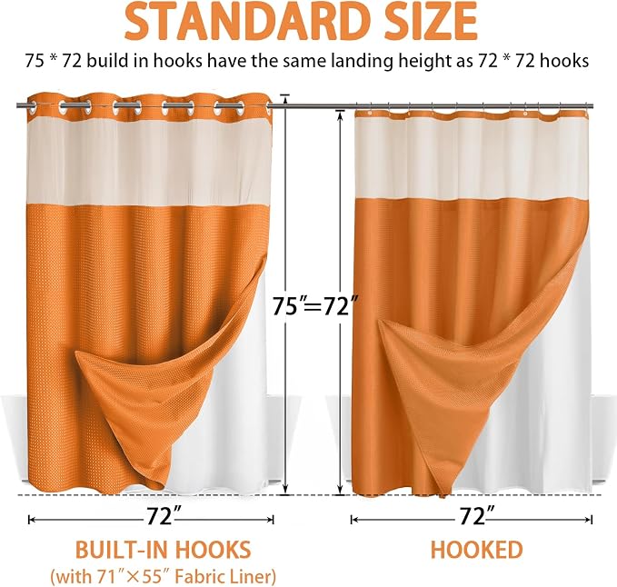 No Hook Shower Curtain and Liner Set,Orange Hotel Waffle Shower Curtain with Liner 75" L x 72" W