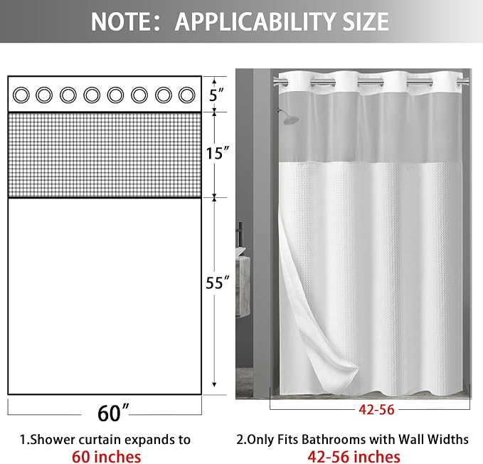 No Hook Shower Curtain with Liner Set Hotel Waffle Curtain White 60W X 75L | Washable Snap in Fabric Liner, Mesh Top Window, Waffle Hotel Style Shower Curtain Set