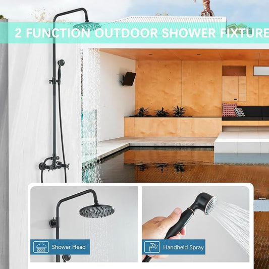 Rain Shower System Oil Rubbed Bronze Outdoor Shower Faucet Set with 8 Inch Rainfall Shower Head Handheld Spray 2 Cross Handles Wall Mounted Bathroom Shower Fixtures Solid Brass