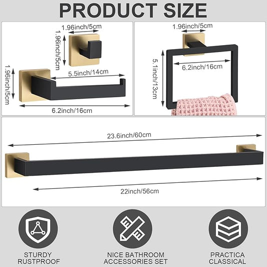 Gisafai 15 Pcs Black Gold Bathroom Hardware Accessories Set 23.6 Inch Bath Towel Bar Kit Stainless Steel Bathroom Hardware Set Towel Racks Ring Robe Hooks Paper Holder for Wall Mounted