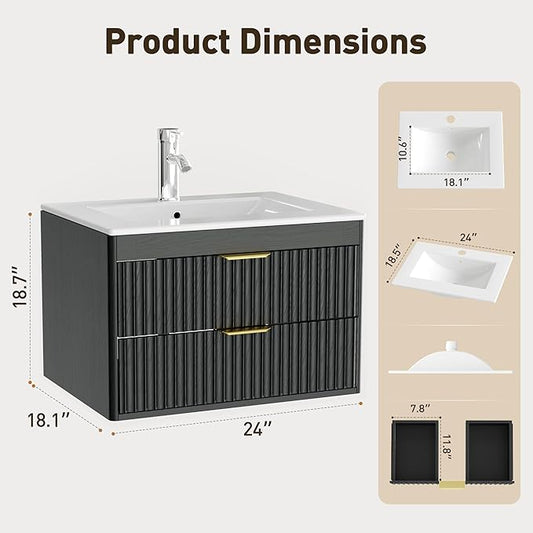 24 Inch Floating Bathroom Vanity with Sink, Bathroom Wall Cabinet with 2 Fluted Drawers & Metal Handle, Wall Mounted Cabinet for Bathrooms (Black, 24 inch, with Sink)
