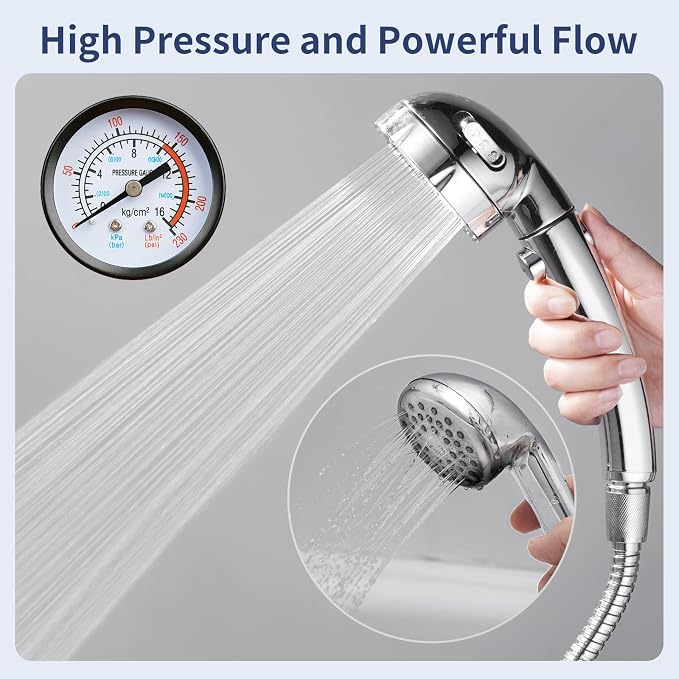 HANLIAN Chrome On/Off High Pressure Handheld Shower Head for RV Camper | 3 Spray Modes Shower Head with Pause Button, Water Saving Shower Head with Hose and Adjustable Self-adhesive Holder