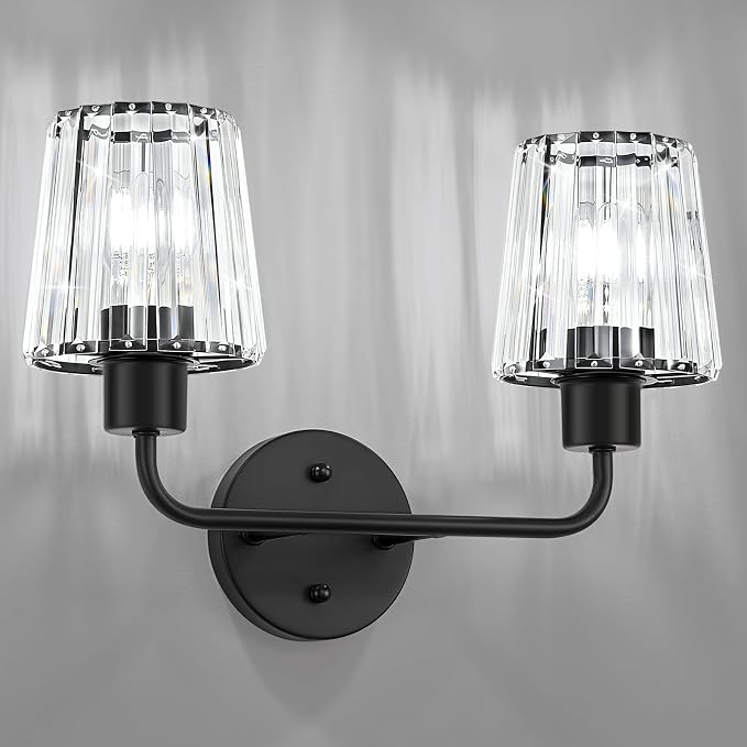 Black Vanity Lights, 2-Light Crystal Bathroom Light Fixtures | Modern Bathroom Vanity Light E26 Wall Light over Mirror (Exclude Bulb)