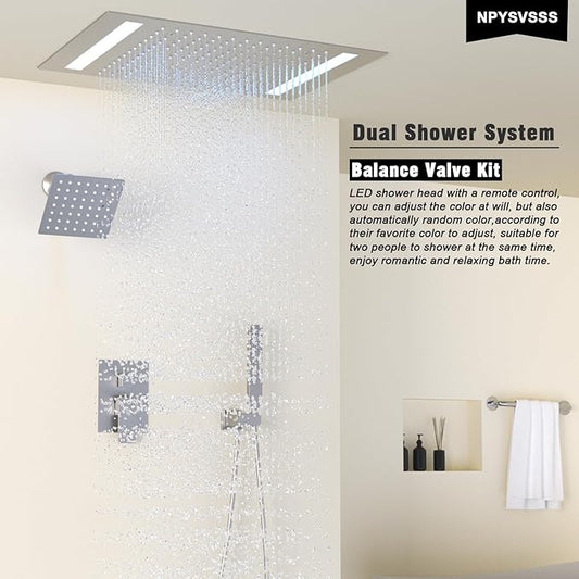 Rain Shower Head System with 14x20 Inch Ceiling Mount LED Head & 6 Inch Wall Head and Handheld Shower 3 Way Pressure Balance Valve Kit,Brushed Nickel