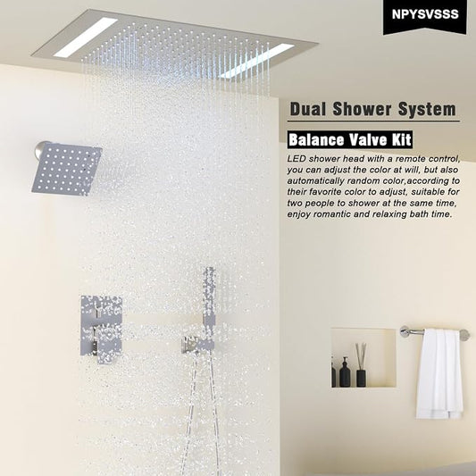 Rain Shower Head System with 14x20 Inch Ceiling Mount LED Head & 6 Inch Wall Head and Handheld Shower 3 Way Pressure Balance Valve Kit,Brushed Nickel