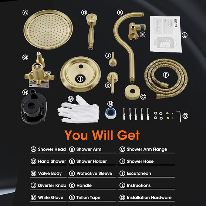 Rainfall Shower System Shower Faucet Set, Luxury, Antique, Light Gold | 9 Inch Shower Head and Handheld Spray, Pressure Balance Valve, Wall Mounted, Bathroom, Shower Trim Kit
