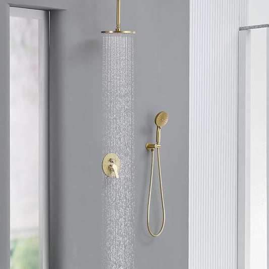 Iriber Shower System Ceiling Mounted Shower Faucet Mixer Set with Luxury High Pressure Shower head and 3-Setting Handheld, Bathroom Shower Trim Kit Contain Pressure Balance Valve,Brushed Gold