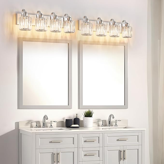 4 Lights Brushed Nickel Vanity Light Crystal Wall Light Bathroom Light Fixtures with Round Shade (Exclude Bulb)