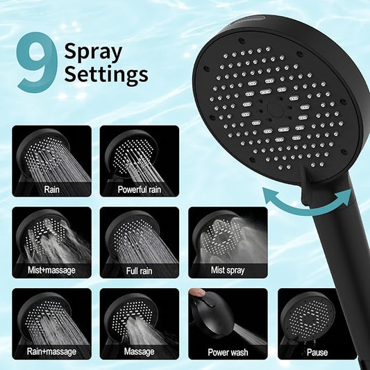 SR SUN RISE NSF Certified Filtered Shower Head with Handheld for Hard Water to Remove Chlorine High Pressure 9-Spray Setting (with Power Wash) Anti-Clog Nozzles(1 Filter, Matte Black)