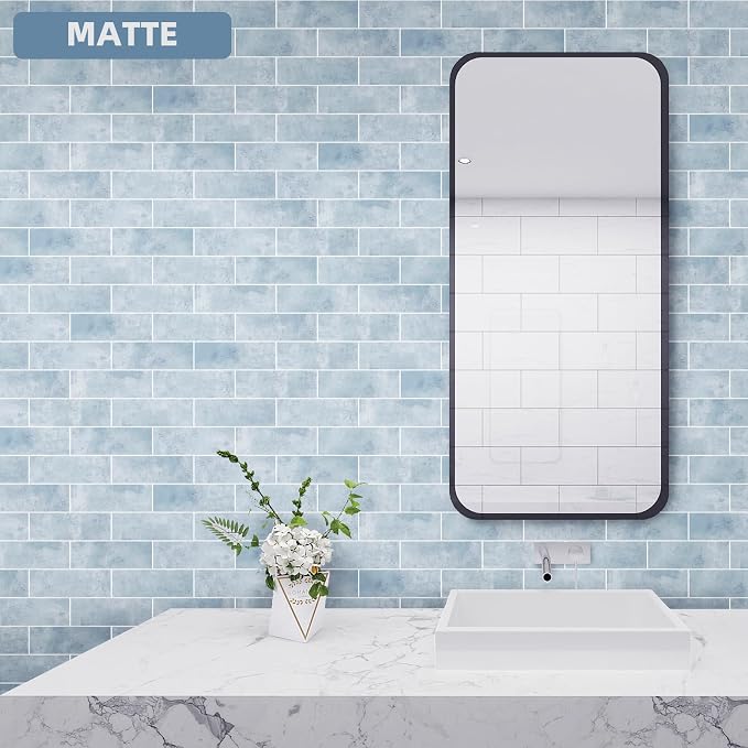 Tilingview 30 PCS Peel and Stick Backsplash Tile for Kitchen/Bathroom/Living Room, 3"x 9" Self-Adhesive Subway Tile for Backsplash, Imitation Glazed Tiles/Handmade Tiles (Matte Pastel Blue)