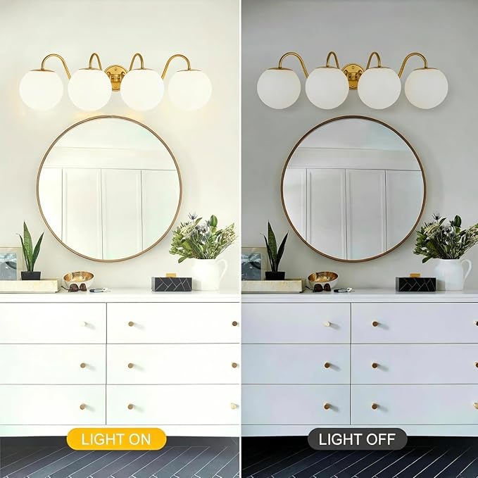 Vintage Brushed Gold Bathroom Vanity Light Fixtures Over Mirror 4 Lights | Vanity Lights For Bathroom With Milk Glass Shade,Medieval Court Style Wall light For Bedroom,DressingTable,Hallway,G9 Incl