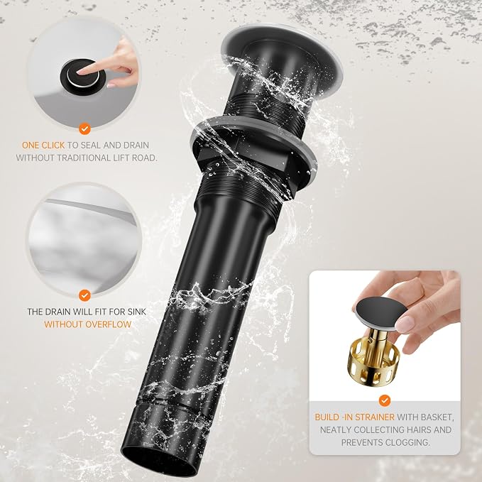 Matte Black one Hole Tall Bathroom Vessel Sink Faucet, Single Hole Single Handle Vanity Bathroom Faucet, with Pop Up Drain and Water Supply Line, FH02-MB-V