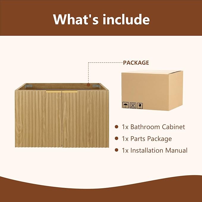 30" Modern Bathroom Vanity with Wavy Textured Doors - Wall Mounted Floating Cabinet, Soft-Close Waterproof Storage for Small Bathroom, Easy Install (Nature Without Sink, 30")