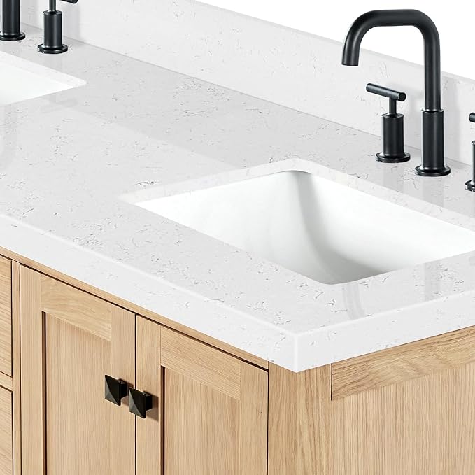 DKB Beckford 66-Inch Oak Double Bathroom Vanity with Sink, 1.5-Inch Carrara White Quartz Countertop & 4" Backsplash, Soft Closing Doors & Drawers, Matte Black Hardware