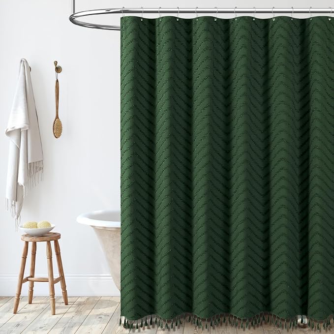 Extra Long Boho Shower Curtain Tufted Chevron 72"x84" Dark Green | 84 Inch Tall, Elegant Tassel, Lightweight Textured Fabric, Water Repellent, Washable, Hotel Spa, for Bathroom/Dorm 12 Hooks