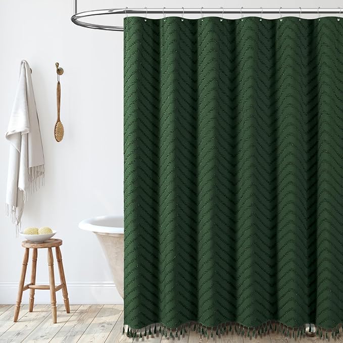 Dynamene 78 Inches Long Shower Curtain, Boho Tufted Chevron Striped Tall Cloth Shower Curtains for Bathroom Decor, Large Hotel Spa Luxury Shower Curtain Set with Hook, Wrinkle Free, Dark Green, 72x78