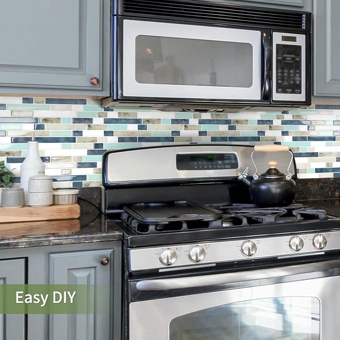 10 Sheets Thick Peel and Stick Kitchen Backsplash Tiles | 3D Waterproof Self Adhesive Wall Tile Stick on Backsplash for Kitchen,Bathroom and Fireplace(Mixed Blue,12"×12")