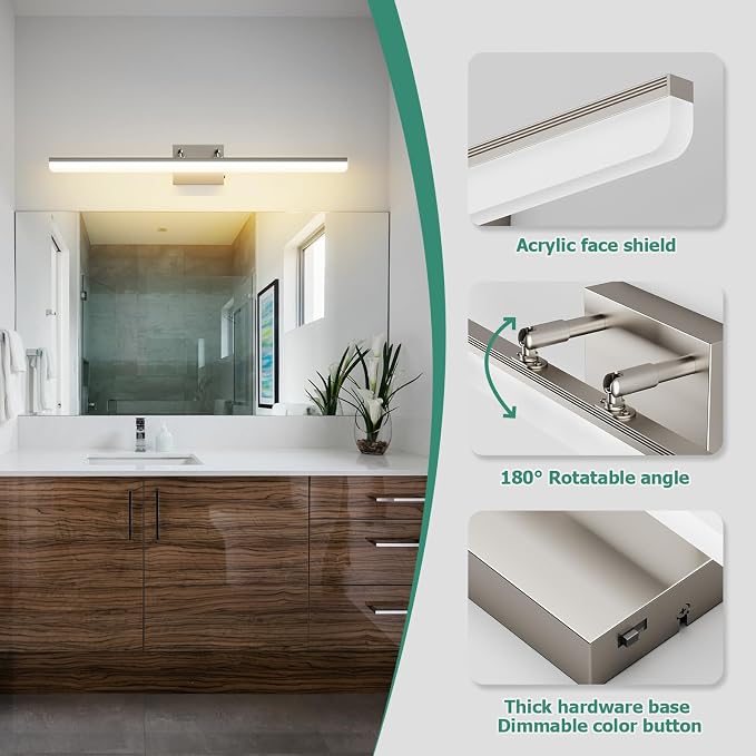 Brushed Nickel Vanity Light 31.5", 24W LED Dimmable Bathroom Light Bar with Adjustable Angle & 5CCT – Modern Long Wall Fixture for Bathroom, Powder Room, Bedroom, Apartment, Hotel