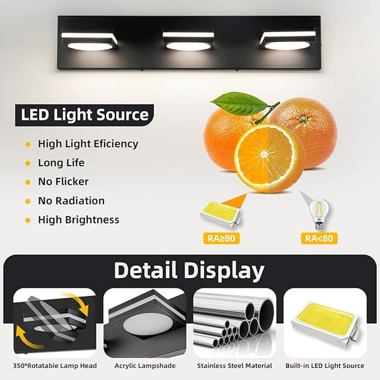 Bathroom Light Fixtures, Matte Black Vanity Light Modern LED Acrylic Lighting Fixtures, Bathroom Accessories Dimmer Lamps, 3CCT, 22-inch