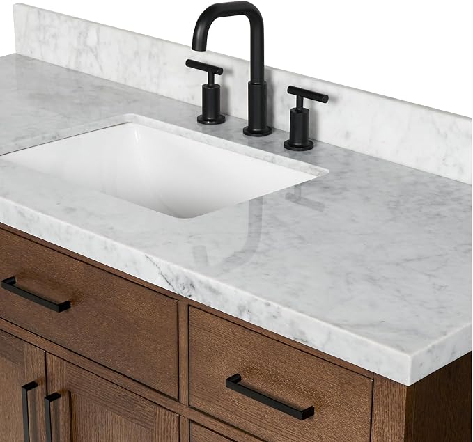DKB Isabella 54-Inch Brown Oak Single Bathroom Vanity with Sink, 1.5-Inch Edge Italian Carrara Marble Countertop & 4" Backsplash, Soft-Closing Doors & Drawers, Solid Oak Wood Construction