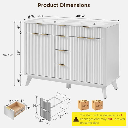 T4TREAM 48" Fluted Bathroom Vanity with Resin Sink Combo,Freestanding Modern Bathroom Storage Vanity Cabinet with Soft Closing Doors & 2 Drawers,Wood Grain Texture,Metal Handle,White