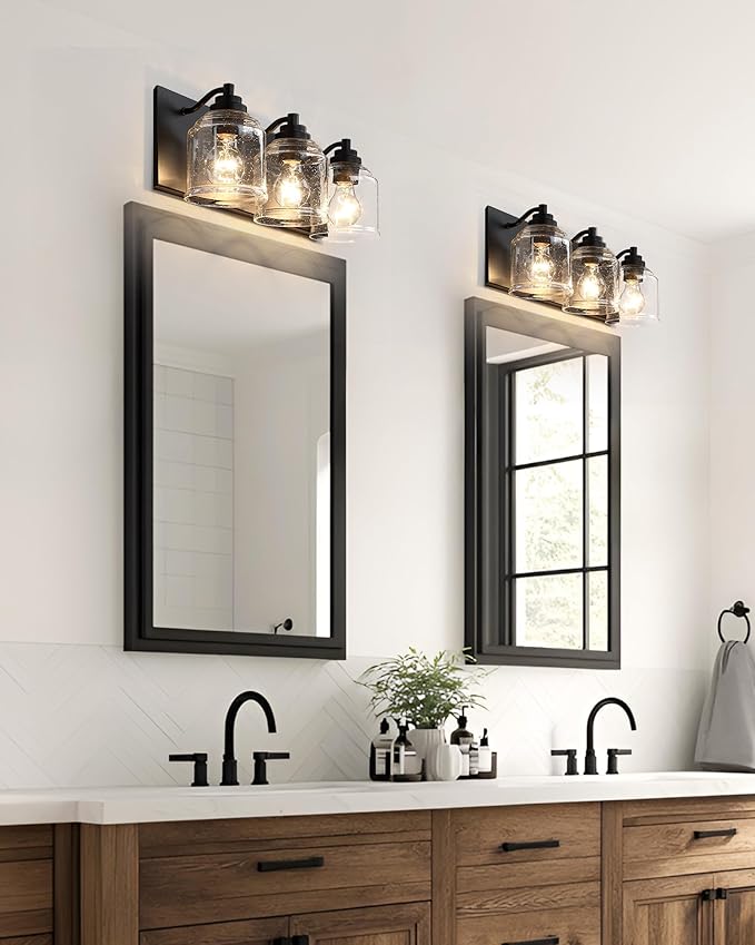 Vanity Lights for Bathroom Large 23", Farmhouse Rustic Vanity Light with Bubble Glass Shades, Black 3 Light Bathroom Lighting Fixtures Over Mirror, Bath Wall Sconce Home Decor