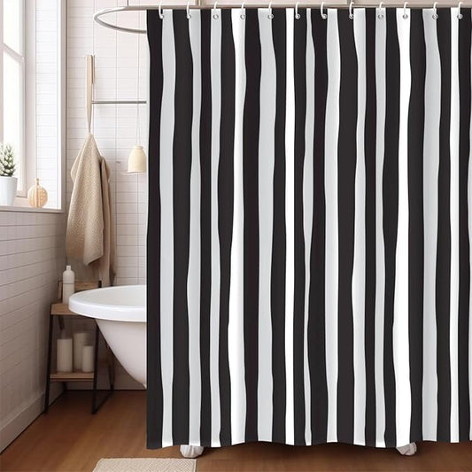 Black and White Shower Curtain, Striped Boho Minimalist Modern Waterproof Fabric Machine Washable for Bathroom Bathtub with Hooks 72x72