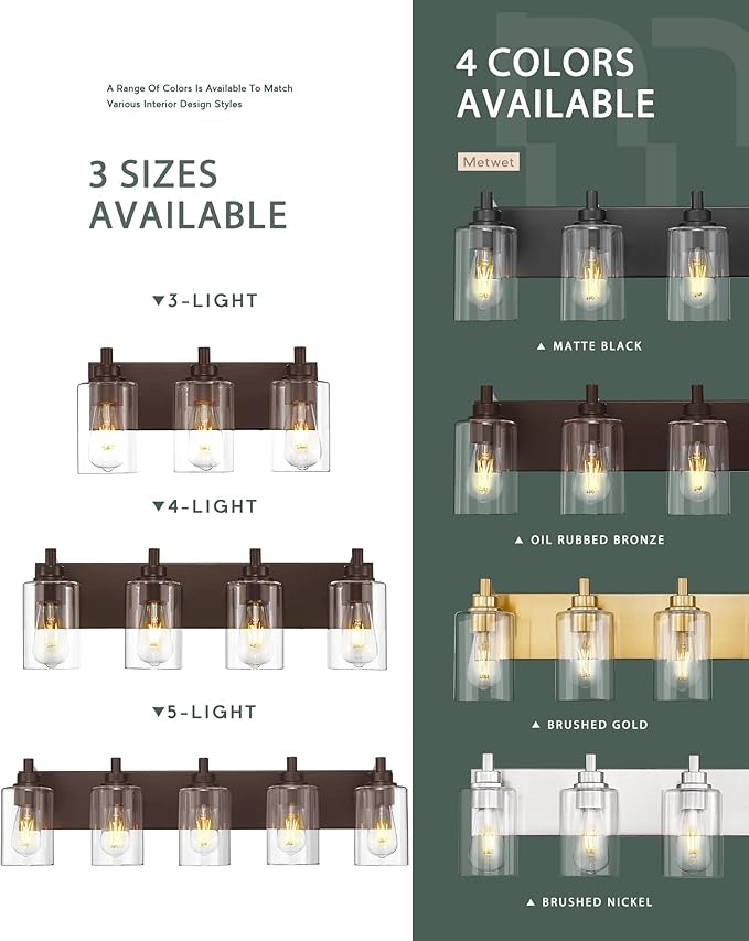 3-Light Oil Rubbed Bronze Bathroom Vanity Light, Cylinder Glass | Ideal for 20-28" mirrors, 16.5" modern bathroom light fixtures over mirror with clear glass shade, E26 base, VL143-ORB-3