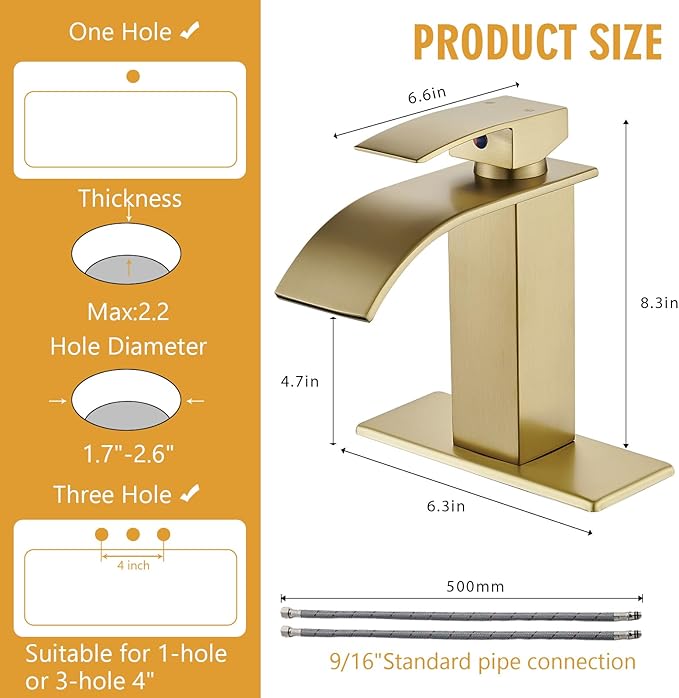 Bathroom Sink Faucet, Waterfall Bathroom Faucet with Pop-up Drain, Supply Hoses and Deck Plate, Suitable for 1 or 3 Holes, Brushed Gold