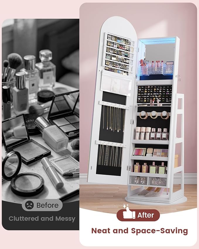 HWB Mirror Jewelry Cabinet Standing with RGB Lights & Storage Shelves | Mirror w/Storage, LED Full-length Mirror, Lockable Jewelry Armoire, 360° Swivel, Standing Jewelry Cabinet, Girls Women Gifts