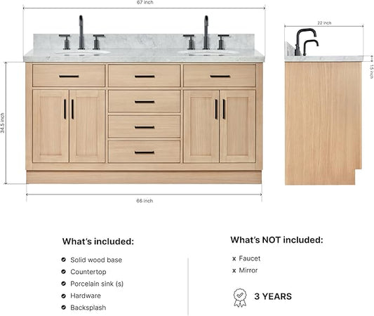 ARIEL Hepburn 66-inch Bathroom Vanity with Sink,Solid Wood, 1.5-inch Italian Carrara Marble Countertop & Backsplash, Double Oval Porcelain Sink, 4 Soft Closing Doors, 6 Dovetail Drawers, White Oak
