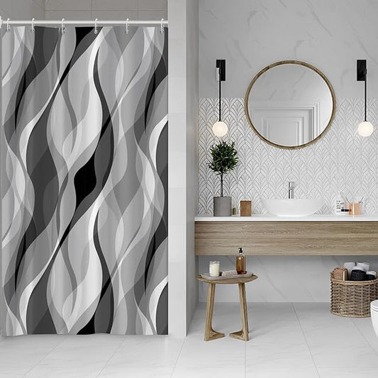 Grey Shower Curtain, Modern Abstract Black and Grey Striped Shower Curtain Set for Bathroom Waterproof White Gray Shower Curtain with Hooks, 48x72 Inch