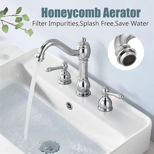 Aolemi 8 Inch Widespread Bathroom Sink Faucet 3 Hole Deck Mount Vanity Basin Mixer Tap with Pop Up Drain Assembly Polish Chrome Double Lever Handle