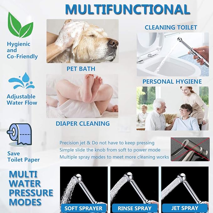 SonTiy Handheld Bidet Sprayer for Toilet, All Metal Cloth Diaper Toilet Sprayer Bidet Attachment with Backflow Preventer, Adjustable Water Jet Spray, 7.2" Brass Hand Held Bidet Wand, Chrome