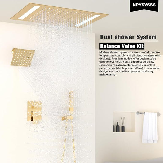 Rain Shower Head System with 14x20 Inch Ceiling Mount LED Head & 6 Inch Wall Head and Handheld Shower 3 Way Pressure Balance Valve Kit,Brushed Gold