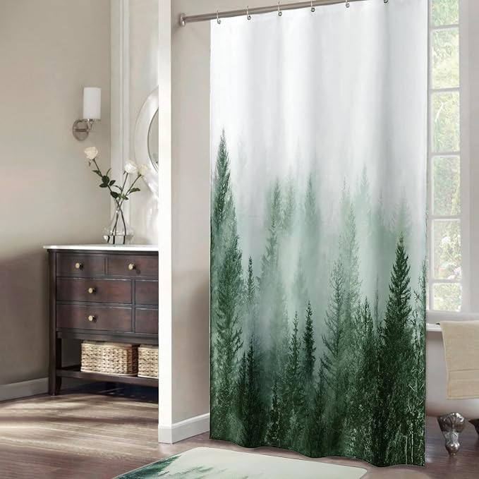 ORTIGIA Misty Forest Stall Shower Curtain for Small Bathroom, Green Half Size Narrow Nature Woodland Shower Curtain Set with Hooks, Waterproof Fabric Pine Tree Fog Magic Home Bath Curtain 36x72 inch