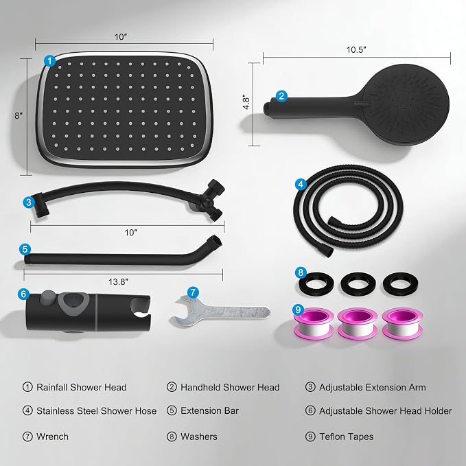10" Rain Shower Head with Handheld/Extension Arm, Easy-Reach Holder, Chrome | High-Pressure Boosting Rainfall Showerhead with Metal Adjustable Extension Arm, 5-Spray Modes with Power Wash, Easy Install