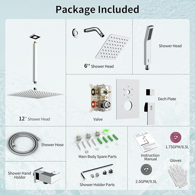 Shower Faucet Set Shower System - SR SUN RISE Polished Chrome Shower Trim Kit with Dual Shower Head, 12'' Ceiling Rainfall 6'' Wall Mount with Handheld Shower for Couples, Complete 6 Diverter Valve
