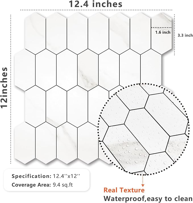 Vamos Tile Long Hexagon Peel and Stick Backsplash Tile - 10 Sheets Stick on Backsplash for Kitchen and Bathroom 12.4 x 12 Inch White Marble Look PVC Self Adhesive Mosaic Wall Tiles