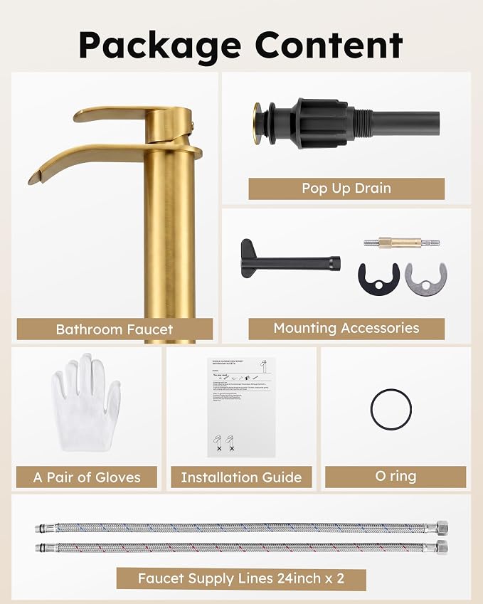 Vessel Sink Faucet Gold for Bathroom:WOWOW Single Handle Tall Bathroom Faucet - Waterfall Single Hole Mixer Bar Tap with Large Rectangular Spout, Deck Mount Lavatory Vanity with Pop Up Drain