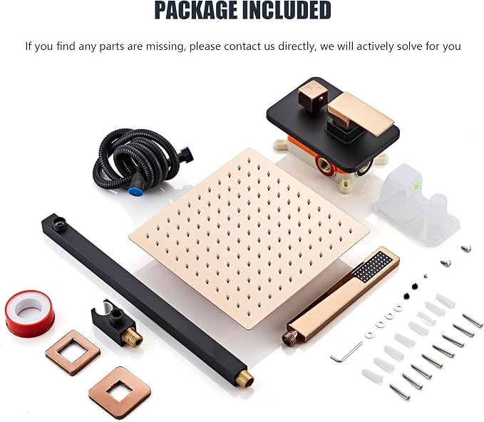Shower Faucet Set, Matte Black and Rose Gold Rainfall Shower System Complete Wall Mounted for Bathroom with 12 Inch Square Shower Head and Handheld Shower Head Rain Mixer Combo Set