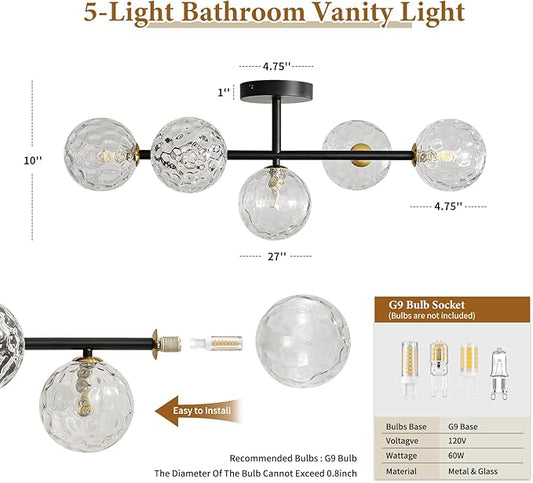 Bathroom Vanity Mirror Light Fixtures: Dimmable 5 Lights Bath Wall Sconce Lighting - Brass Black Vanity Lights with Hammered Clear Glass Shade - Modern Minimalist Makeup Light Above Mirror G9 Base