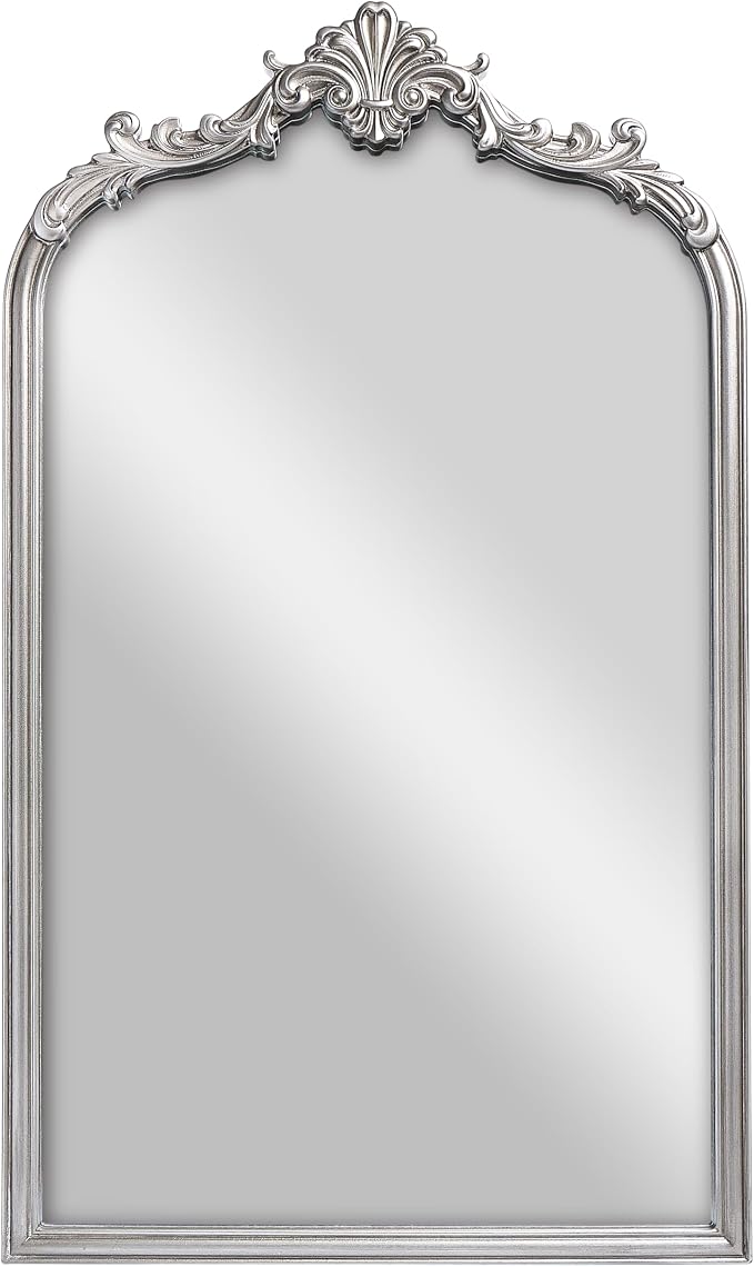 English Estate Carved Arch Wood Wall Mirror, Mirror for Entryway, Living Room, Bathroom, Antique Silver, 20.4x33